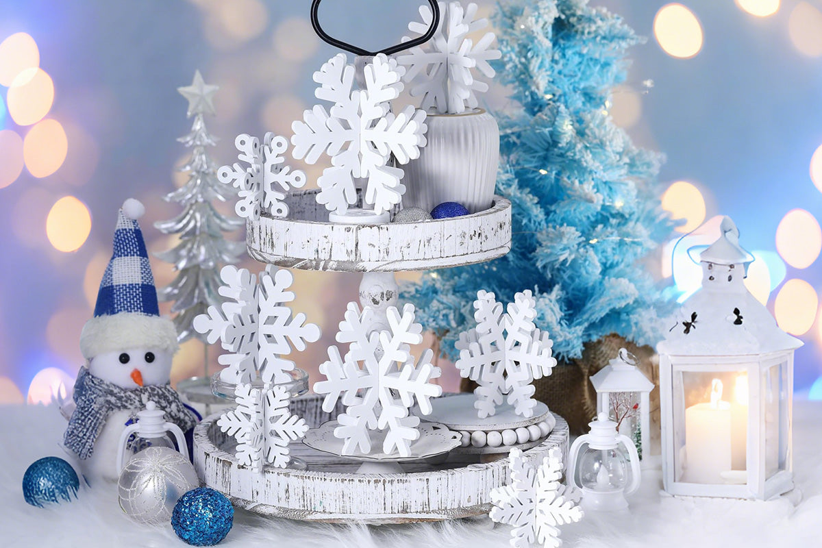 8Pcs 3D Wooden Snowflake Table Decor Christmas Wonderland Centerpiece-White