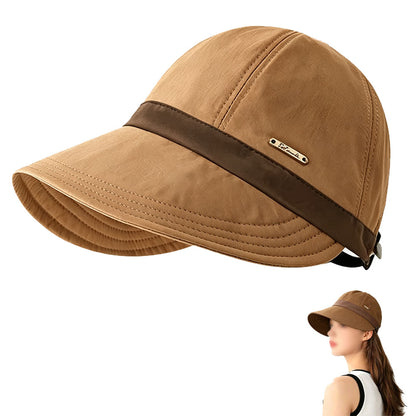 Womens Wide Brim Ponytail Sun Hat Breathable Beach Cap - Coffee