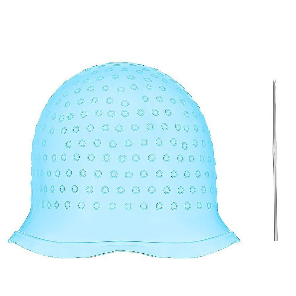 Reusable Silicone Hair Highlighting Cap with Stainless Steel Hook-Blue
