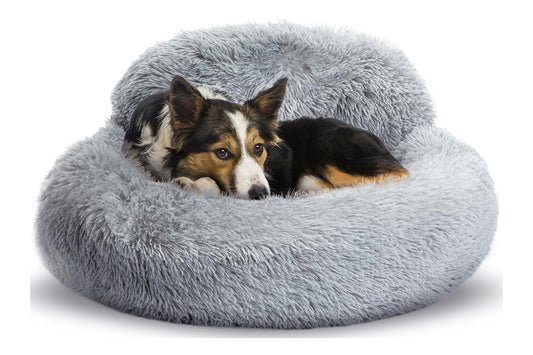 Calming Donut Dog Bed Anti-Slip Fluffy Plush Faux Fur Pet Bed for Most Dogs -Light Grey