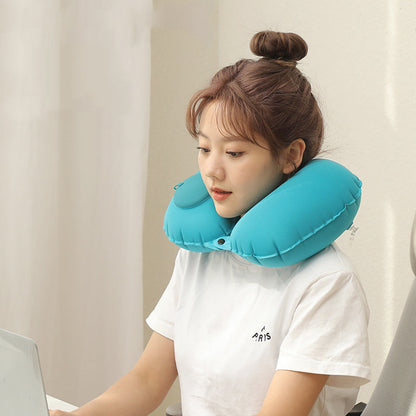 Inflatable Travel Neck Pillow U-Shape Neck Support Napping Cushion for Office Car Airplane Blue