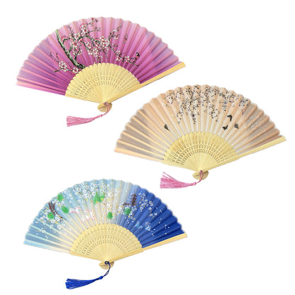 3Pcs Folding Hand Fan Retro Bamboo Hand Fan for Wedding Dancing Party Style 1