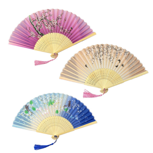 3Pcs Folding Hand Fan Retro Bamboo Hand Fan for Wedding Dancing Party Style 1