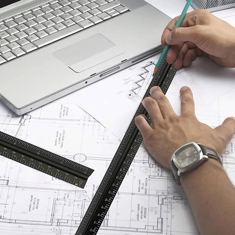 Architectural Scale Ruler Aluminum Triangular Ruler for Blueprint Triangle Drafting Architecture Black