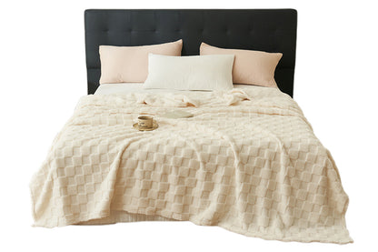 Soft Fleece Throw Blanket Checkered Jacquard Throw Blanket for Couch Bed-Beige