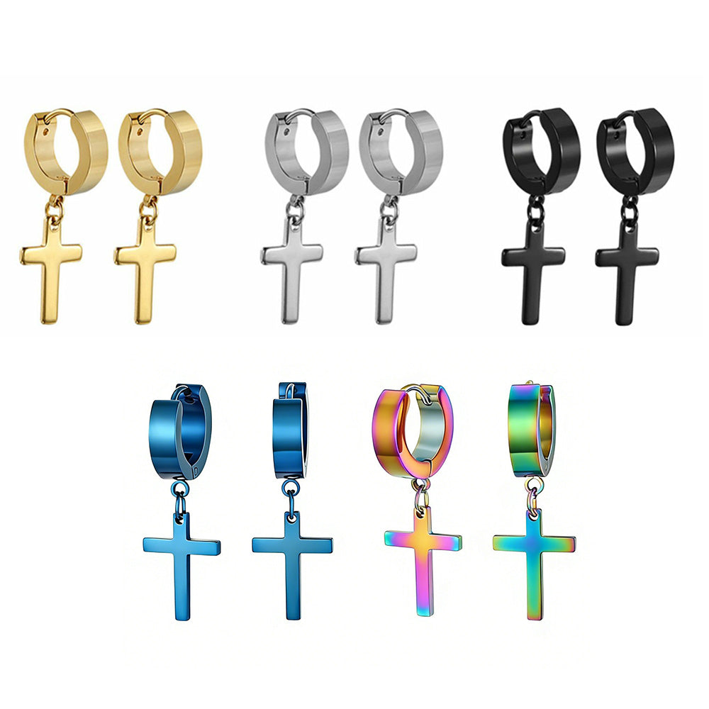 Unisex Cross Dangle Hoop Huggie Stainless Steel Ear Stud Earrings