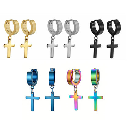Unisex Cross Dangle Hoop Huggie Stainless Steel Ear Stud Earrings