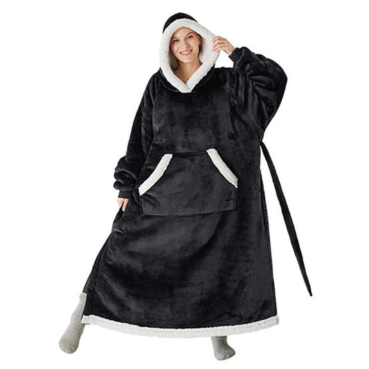 Wearable Hoodie Blanket with Giant Pocket and Waist Belt Long Hooded Blanket Black