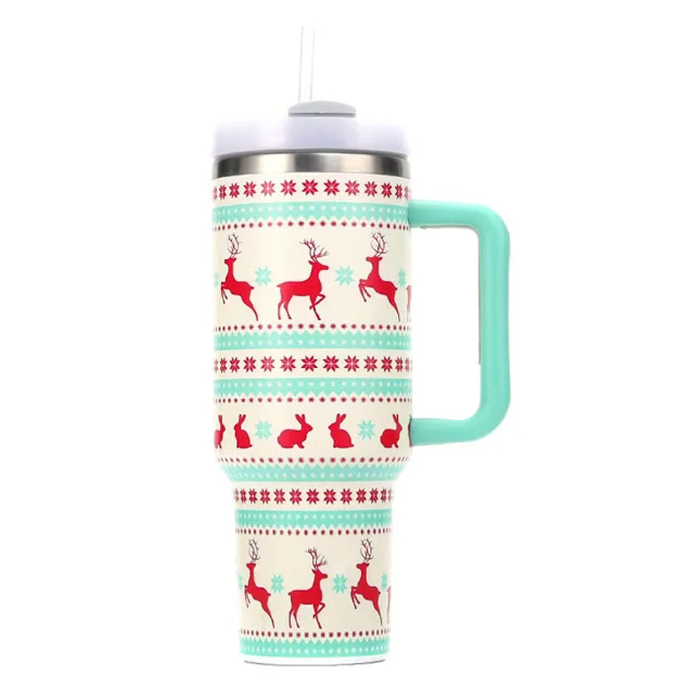 40oz Stainless Steel Christmas Pattern Water Bottle Thermal Mug Travel Tumbler Christmas Gifts Green
