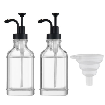 2 Pack 500ml Square Glass Syrup Soap Dispenser Bottles with Funnel - Black