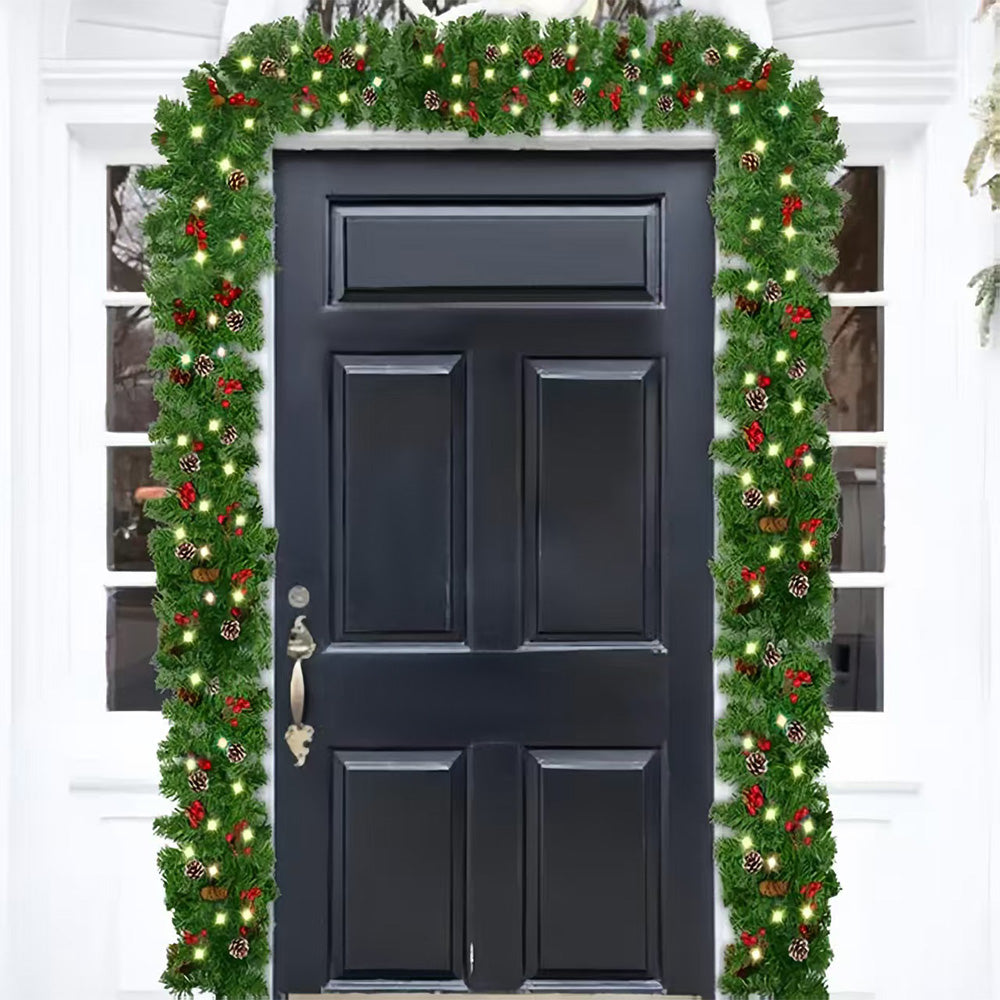 270cm Christmas Garland with Warm White LED Lights for Fireplace Porch & Outdoor Home Decor