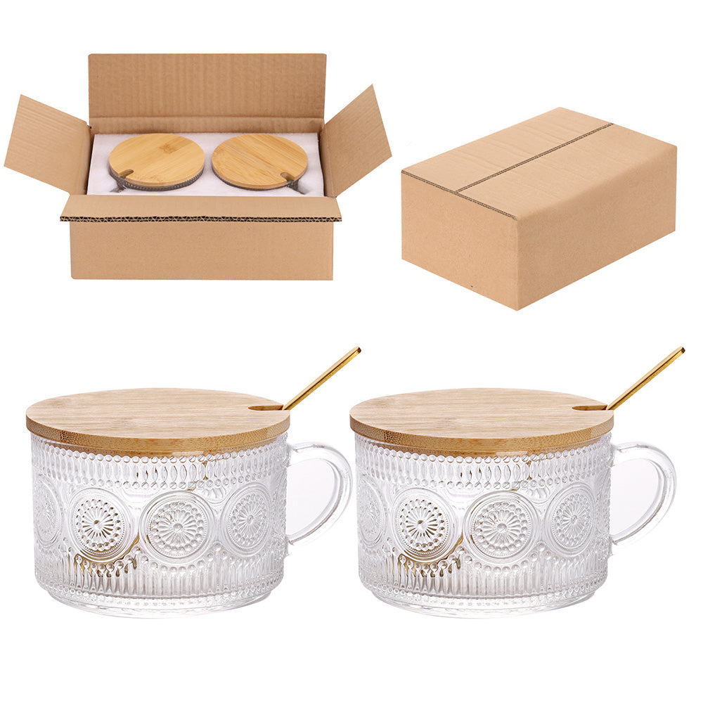 2PCS Vintage Embossed Coffee Mugs With Lid And Spoon For Tea Milk -Sunflower