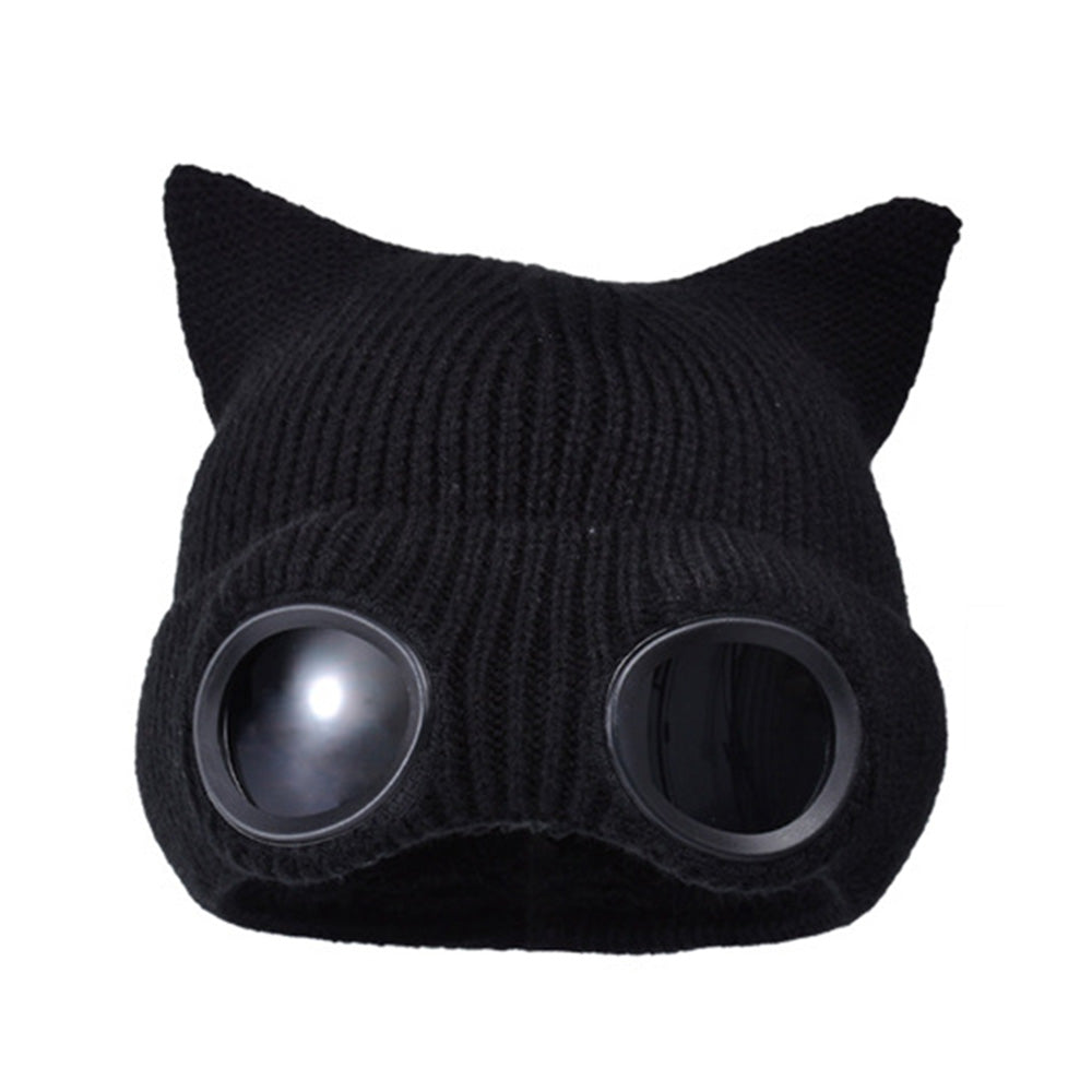 Double Layer Knit Winter Beanie with Goggles - Black