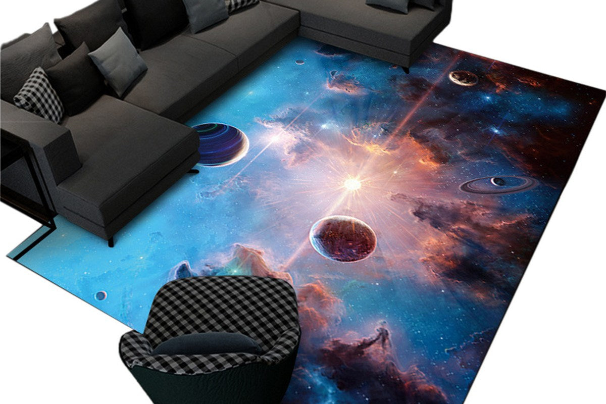 Space Kids Rug For Playroom Solar System Educational Rug Kids Floor Mat-Style 1 Blue Cosmic Planet