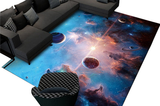 Space Kids Rug For Playroom Solar System Educational Rug Kids Floor Mat-Style 1 Blue Cosmic Planet