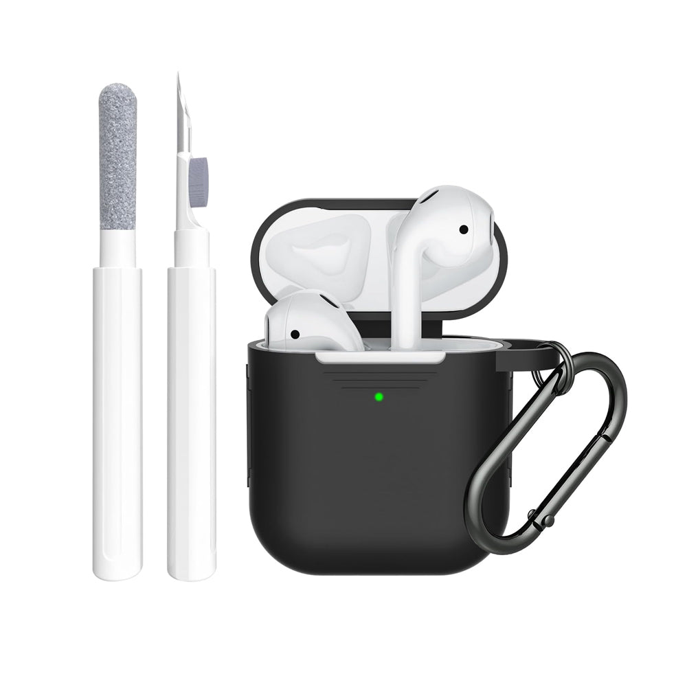 For Airpods 2nd and 1st Generation Silicone Protective Case Cover with Cleaner Kit and Keychain Black