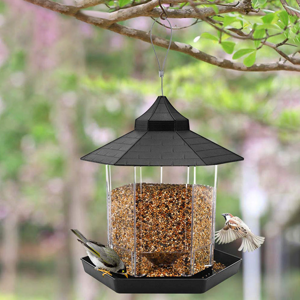 Outdoor Hanging Bird Feeder Gazebo Shape Seed Container Grey
