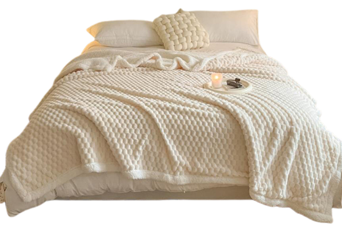 Fluffy Fleece Comforter Soft Warm Winter Jacquard Throw Blanket for Couch Bed -Beige
