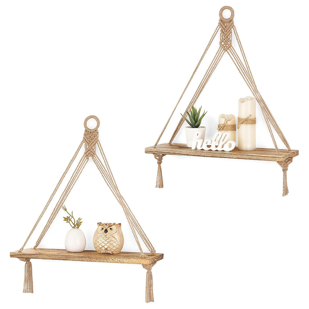 2 Pieces Bohemian Macrame Rope Wall Display Shelf with Tassels