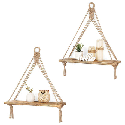 2 Pieces Bohemian Macrame Rope Wall Display Shelf with Tassels