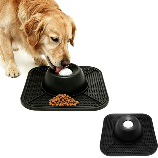 2 in 1 Dog Slow Feeder Bowl with Rolling Ball Lick Mat Non Slip Suction Cup-Black