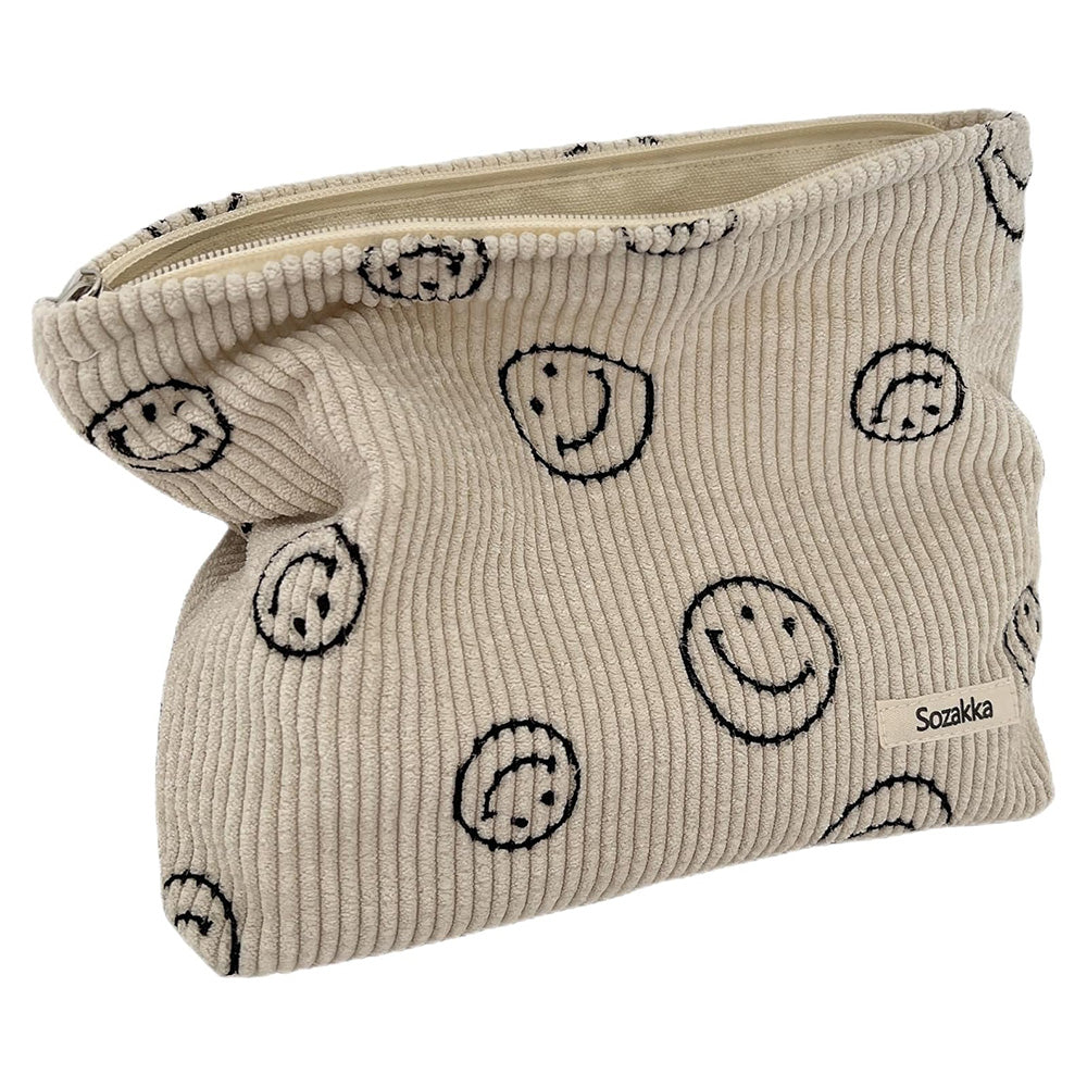 Corduroy Makeup Bag Cute Smile Dots Face Case Handbag with Zipper for Women Beige