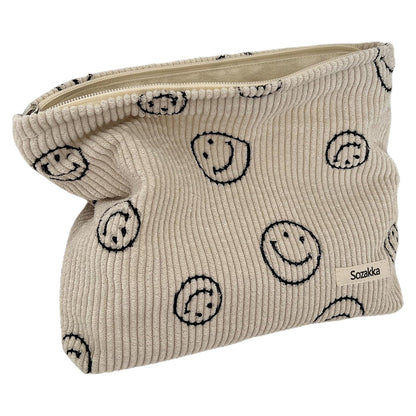 Corduroy Makeup Bag Cute Smile Dots Face Case Handbag with Zipper for Women Beige