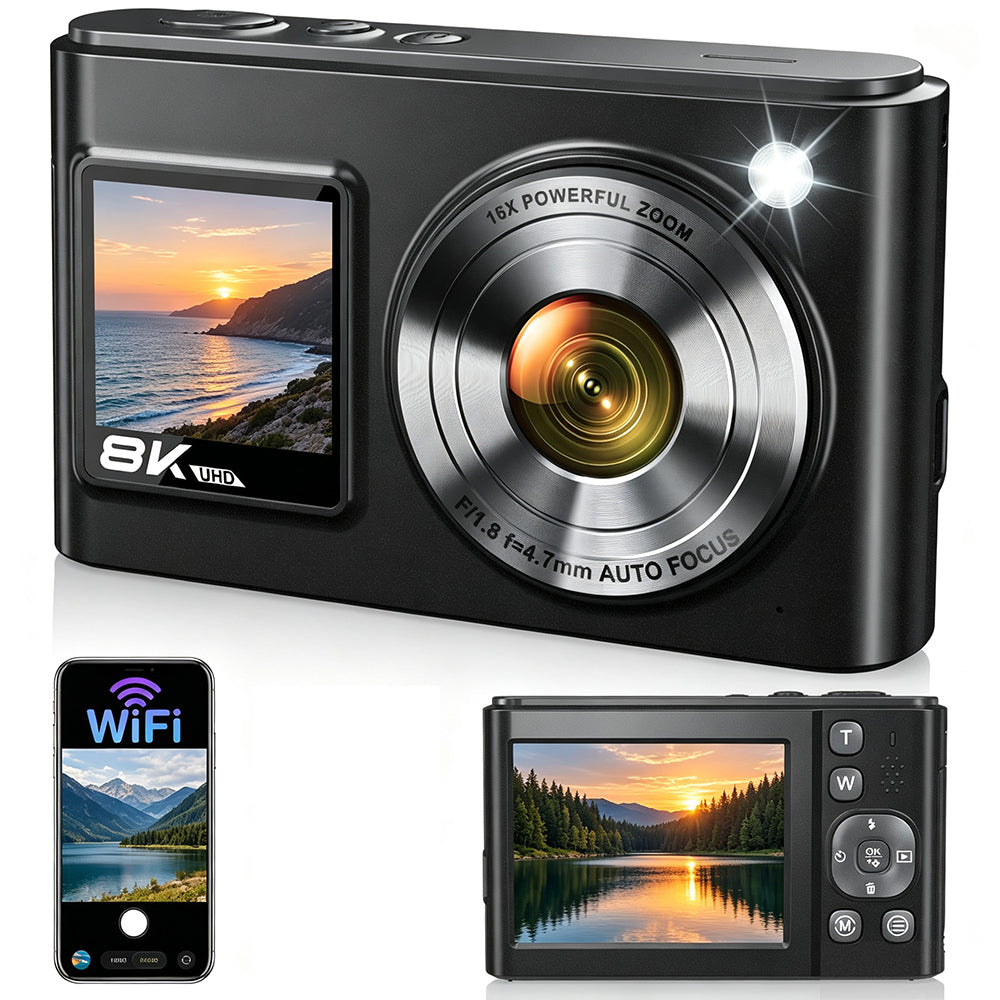 8K Dual Screen Digital Camera 96MP WiFi Camera for Photography - Black