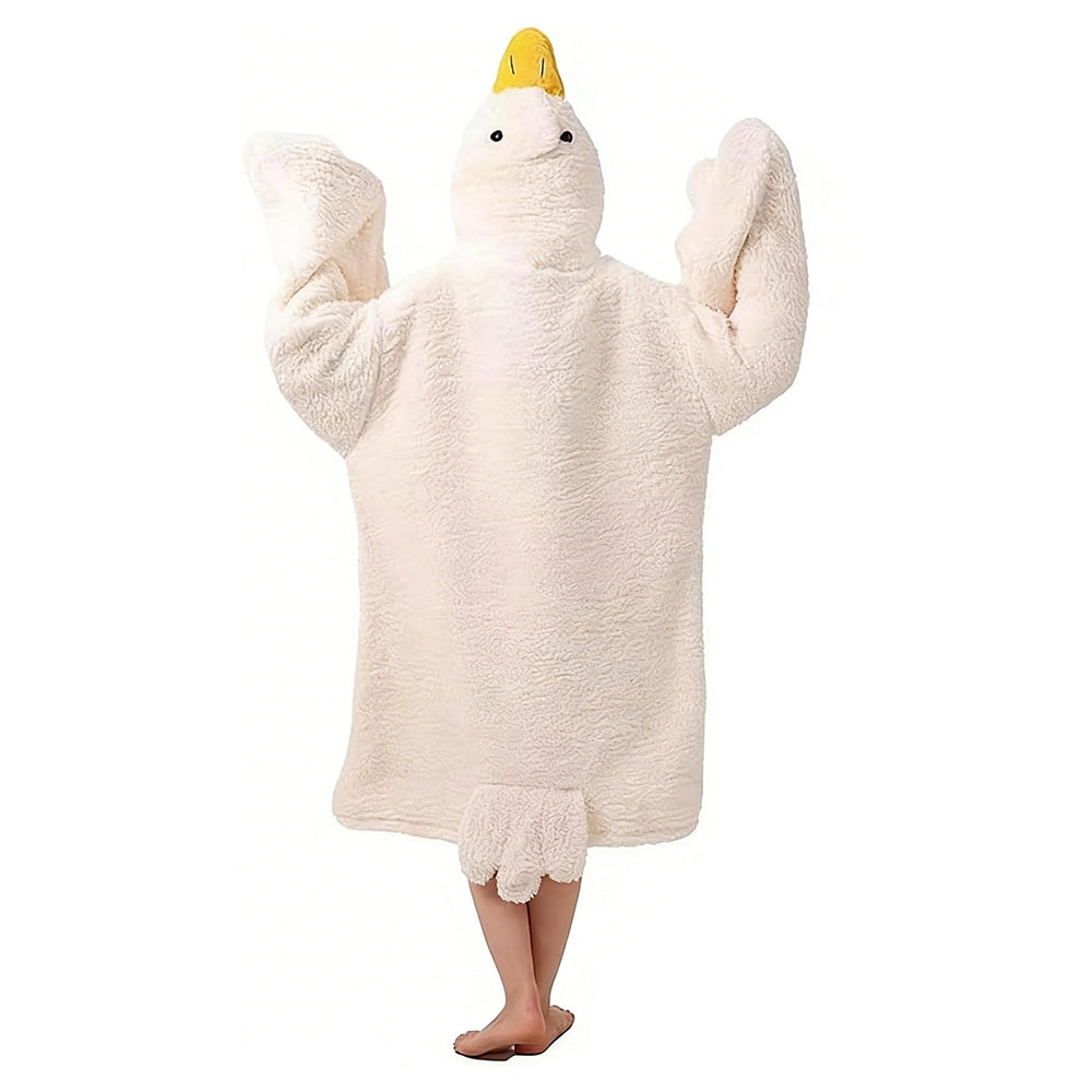 Oversized Cartoon Goose Hoodied Blanket Fleece Onesie - White