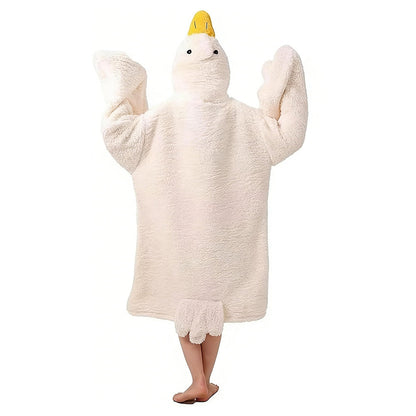 Oversized Cartoon Goose Hoodied Blanket Fleece Onesie - White