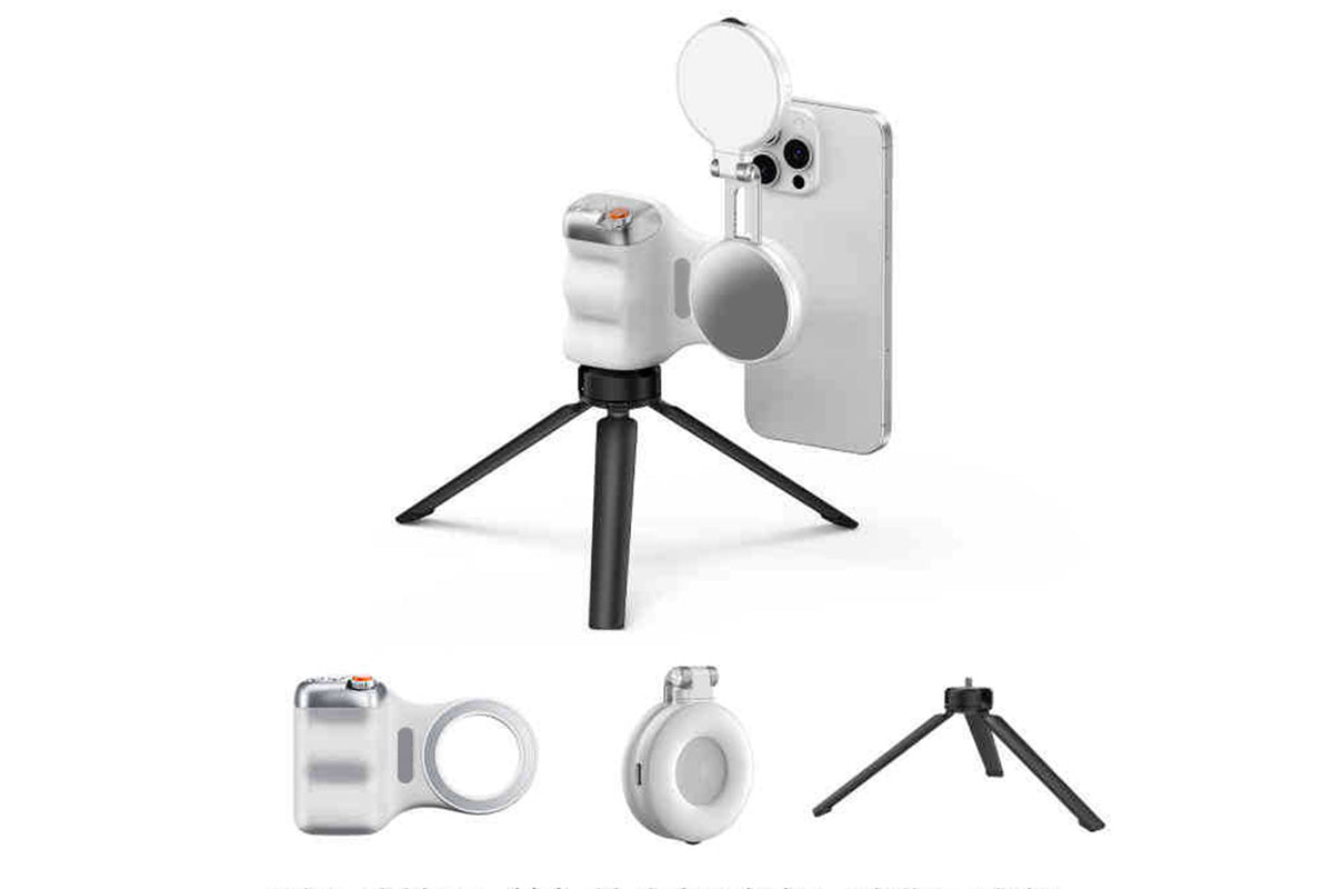 Phone Camera Grip with Selfie Light and Tripod for Photography TikTok-White