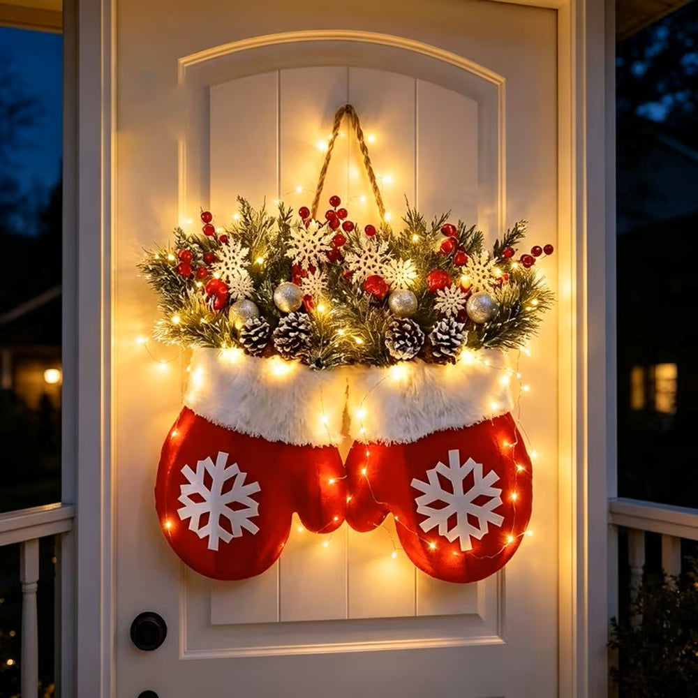 Christmas Wreath Glove Shape with Warm Light Door Hanging Decor