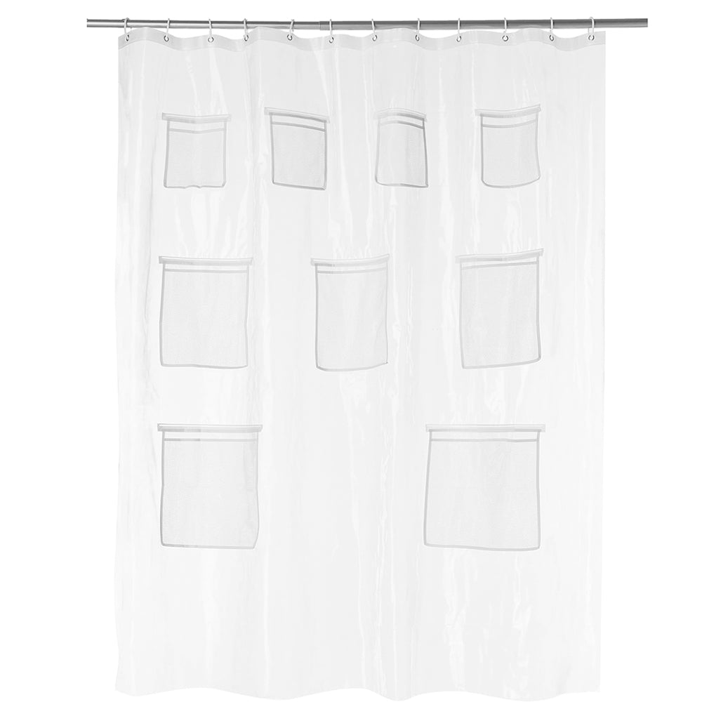 PEVA Waterproof Shower Curtain with 9 Mesh Pockets