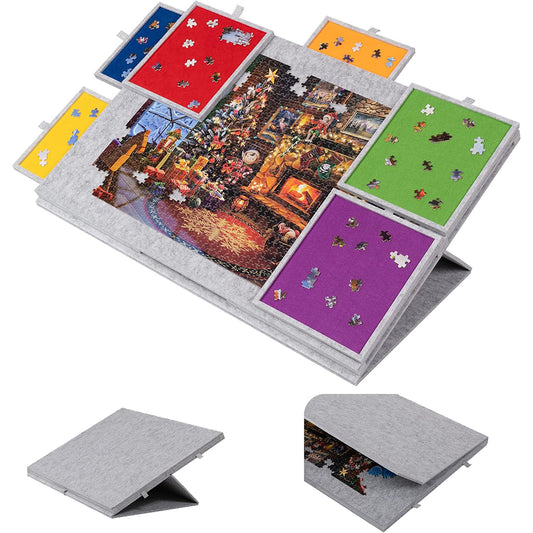 Foldable Felt Jigsaw Puzzle Board with 6 Drawers for Home Travel-Light Grey