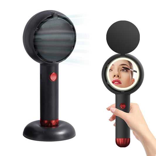 Mini Handheld Fan with LED Light Makeup Mirror Rechargeable Portable Fan Black