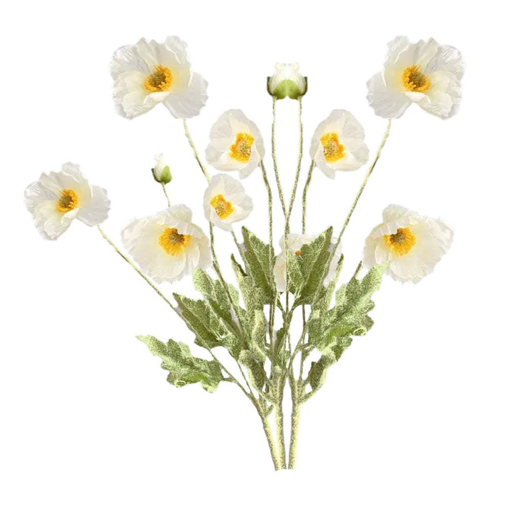 3Pcs 4-Head Artificial Corn Poppy Flowers Flocking Stem Bouquet Home Office Decor White