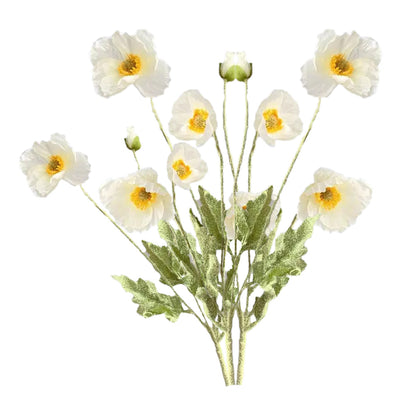 3Pcs 4-Head Artificial Corn Poppy Flowers Flocking Stem Bouquet Home Office Decor White