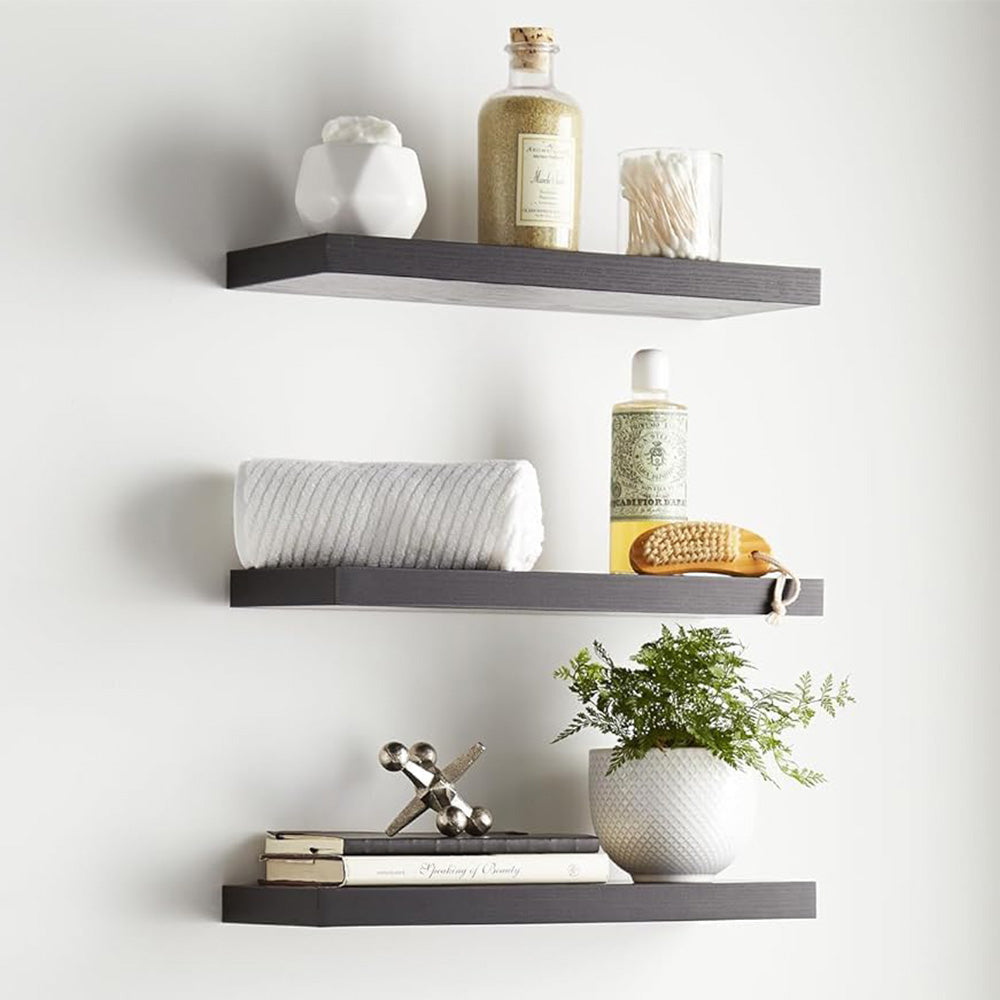 3Pcs Set Wall Mounted Floating Shelves Hanging Wood Storage Shelves for Home Bathroom Black