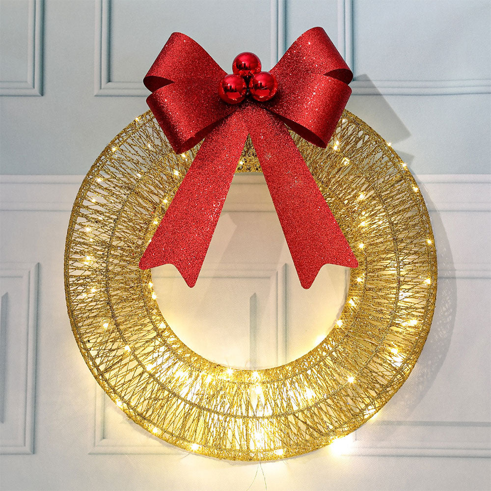 Outdoor Christmas Wreath LED Metal Holiday Garland for Home Exterior Decor-Gold