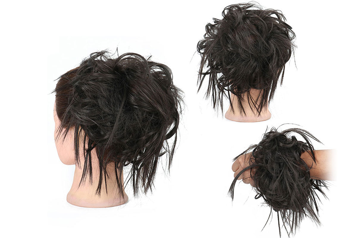 High-Temperature Fiber Curly Wavy Scrunchy Messy Hair Bun-Dark Brown