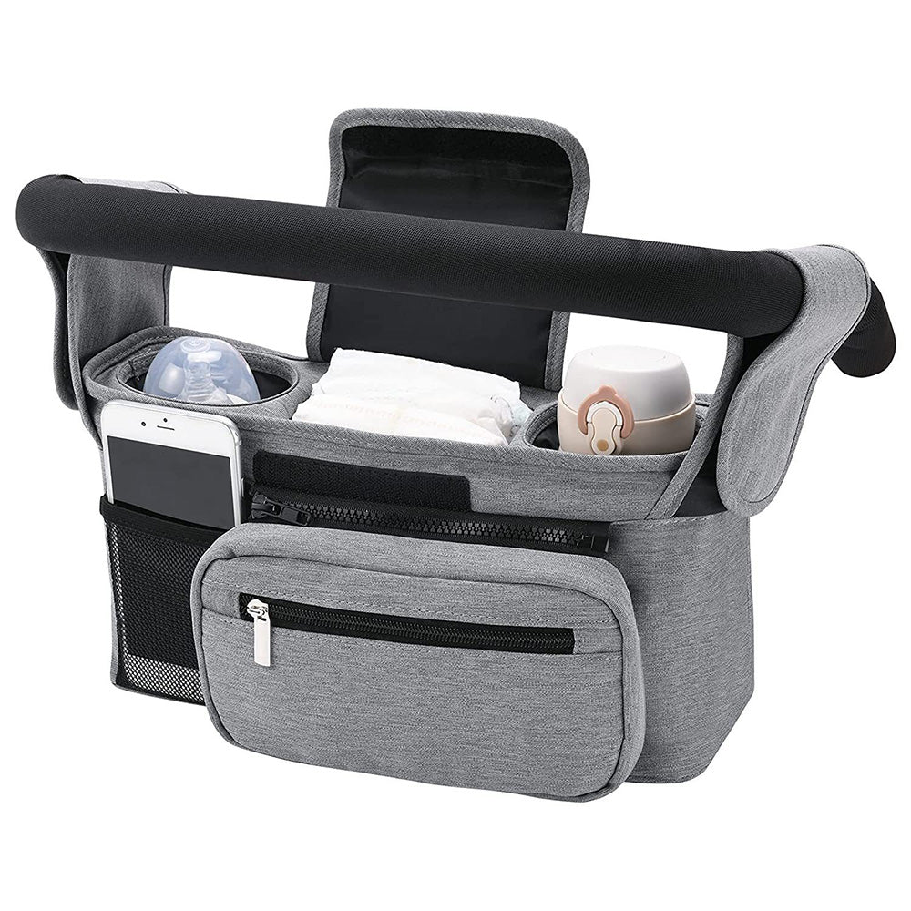 Universal Stroller Organizer with Cup Holder Travel Essential Caddy with Shoulder Strap Grey