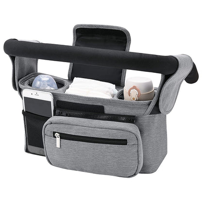 Universal Stroller Organizer with Cup Holder Travel Essential Caddy with Shoulder Strap Grey