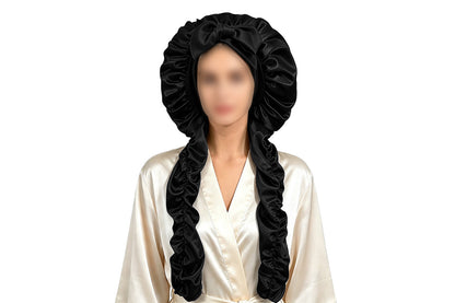 Double Layer Satin Sleep Cap for Long Hair Braids and Natural Hairstyles - Black