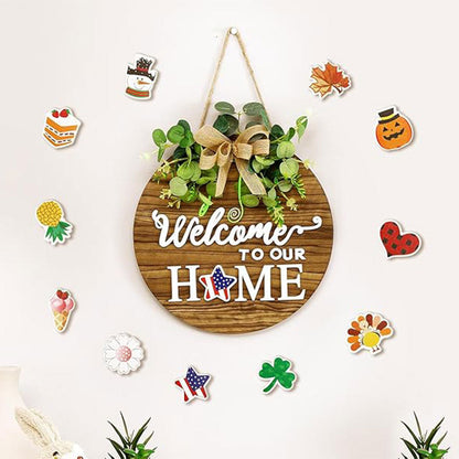 Interchangeable Seasonal Welcome Sign Round Wood Wreaths Hanging Decoration for Outdoor Porch
