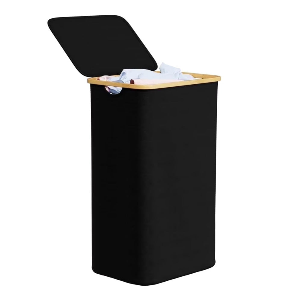 100L Laundry Basket with Lid Clothes Hampers for Laundry with Bamboo Handles Removable Bag-Black