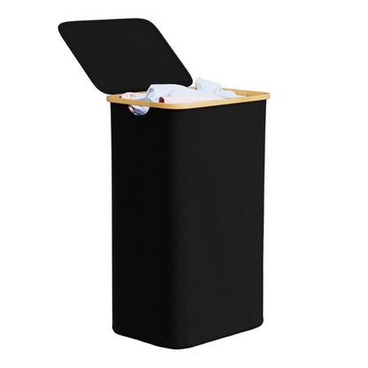 100L Laundry Basket with Lid Clothes Hampers for Laundry with Bamboo Handles Removable Bag-Black