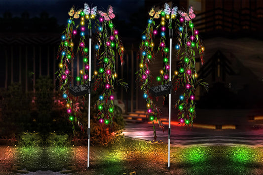 2Pcs Solar Garden Lights 25LEDs Solar Power Butterfly Flower Lights Waterproof Swaying Tree for Outside Yard Pathway Patio Lawn
