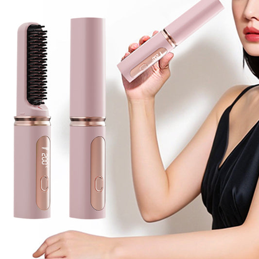 2-in-1 Wireless Hair Straightener Comb with Negative Ion for Home and Travel-Pink