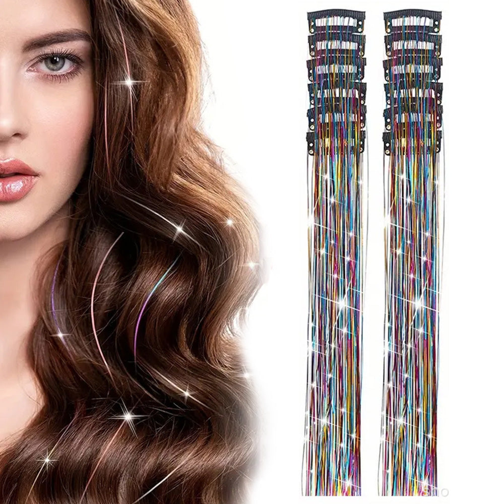 12-Piece Hair Tinsel Clip Kit Sparkly Fairy Hair Extensions for Glamorous Styling Colour Mixture