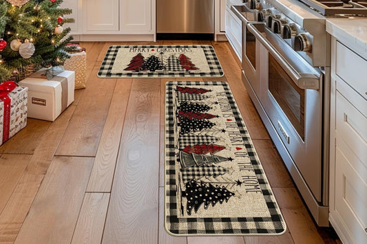 2Pcs Set Merry Christmas Tree Kitchen Rug and Mat Non Slip Christmas Decorative Doormat for Bedroom Bathroom